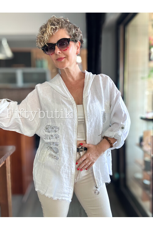 Ranetto İtalyan Vip Kapşon Yazı Detay Ceket Beyaz