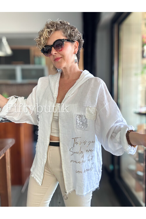 Ranetto İtalyan Vip Kapşon Yazı Detay Ceket Beyaz