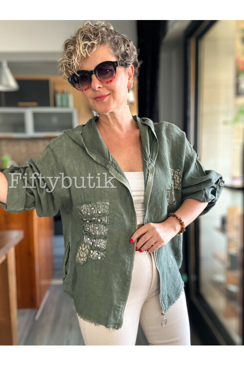 Ranetto İtalyan Vip Kapşon Yazı Detay Ceket Haki