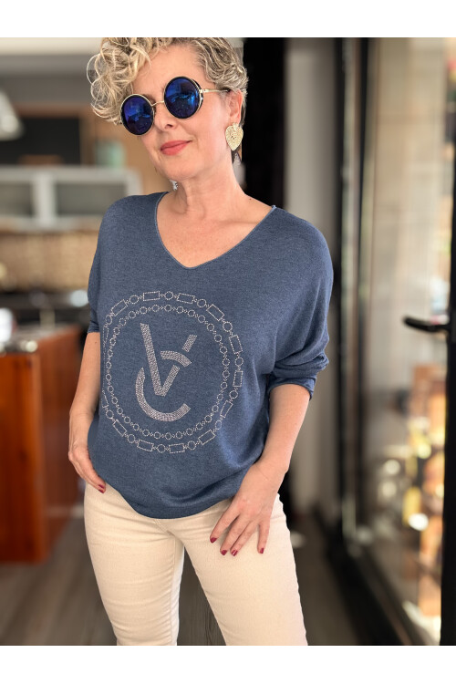 Rasly İtalyan Taş Detay Triko Bluz İndigo