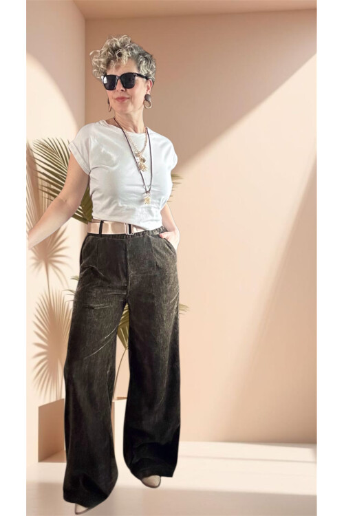 Rella İtalyan Şönil Kemerli Palazzo Pantolon Haki