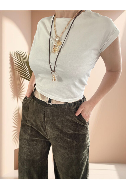 Rella İtalyan Şönil Kemerli Palazzo Pantolon Haki