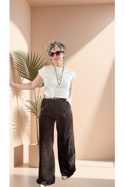 Rella İtalyan Şönil Kemerli Palazzo Pantolon Kahve