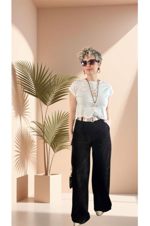 Rella İtalyan Şönil Kemerli Palazzo Pantolon Siyah