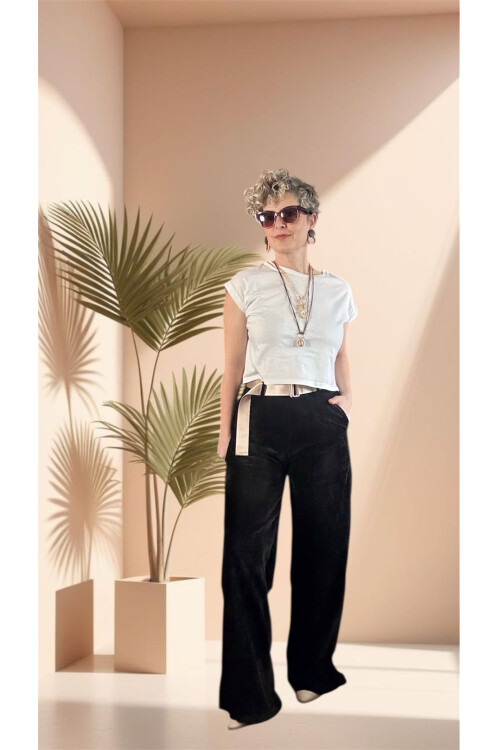 Rella İtalyan Şönil Kemerli Palazzo Pantolon Siyah