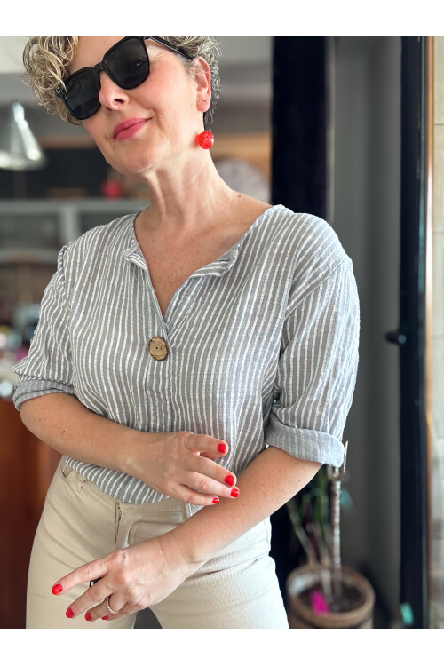 Rimmi İtalyan Çizgili Düğme Detay Bluz Açık Gri