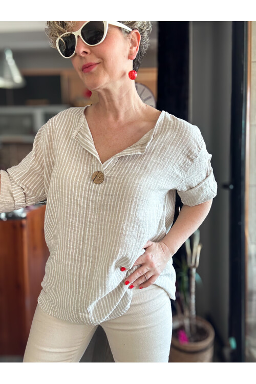 Rimmi İtalyan Çizgili Düğme Detay Bluz Beige