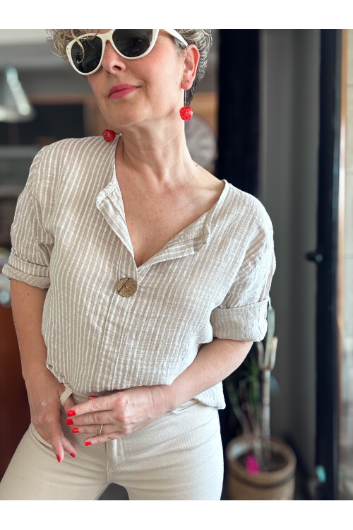 Rimmi İtalyan Çizgili Düğme Detay Bluz Beige