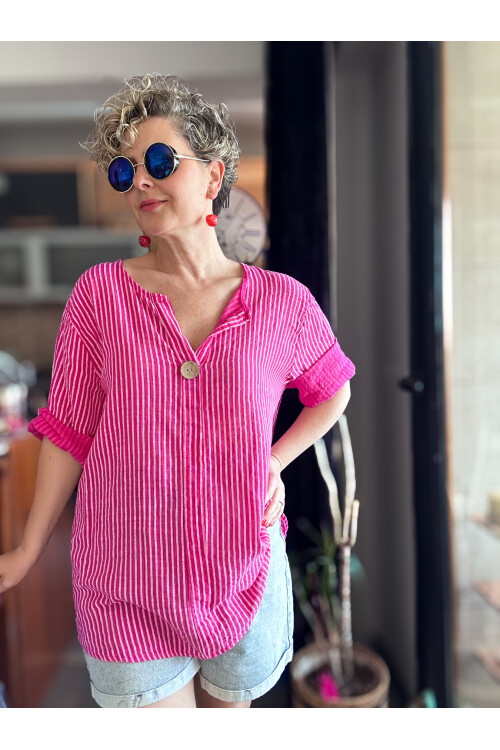 Rimmi İtalyan Çizgili Düğme Detay Bluz Fuşya