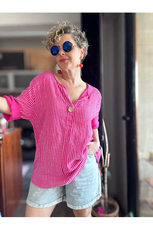 Rimmi İtalyan Çizgili Düğme Detay Bluz Fuşya