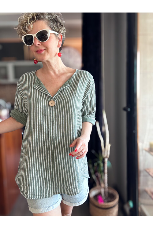 Rimmi İtalyan Çizgili Düğme Detay Bluz Haki