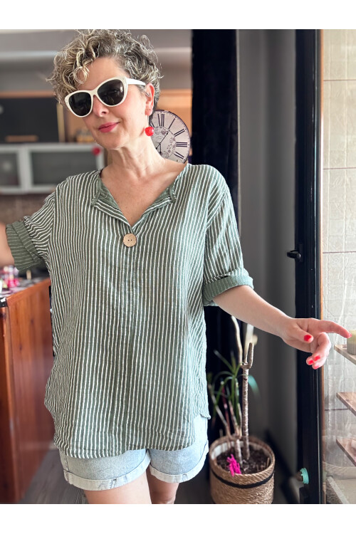 Rimmi İtalyan Çizgili Düğme Detay Bluz Haki