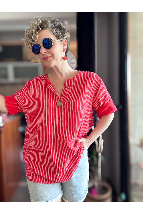 Rimmi İtalyan Çizgili Düğme Detay Bluz Kırmızı