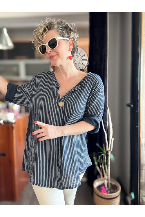 Rimmi İtalyan Çizgili Düğme Detay Bluz Lacivert