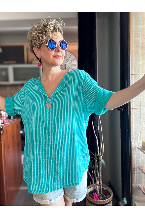 Rimmi İtalyan Çizgili Düğme Detay Bluz Mint
