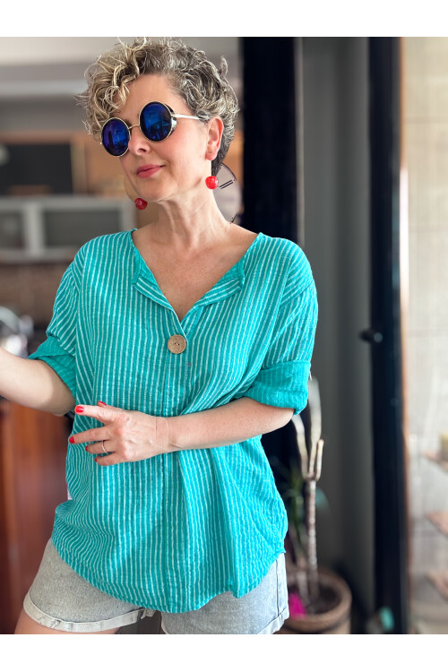 Rimmi İtalyan Çizgili Düğme Detay Bluz Mint