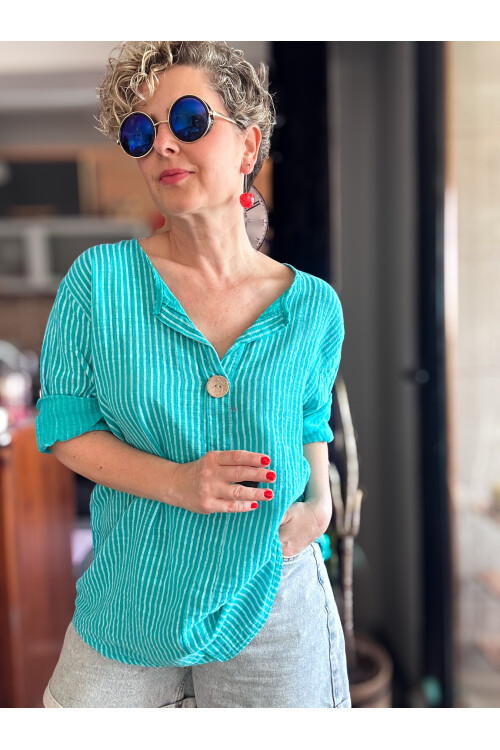 Rimmi İtalyan Çizgili Düğme Detay Bluz Mint