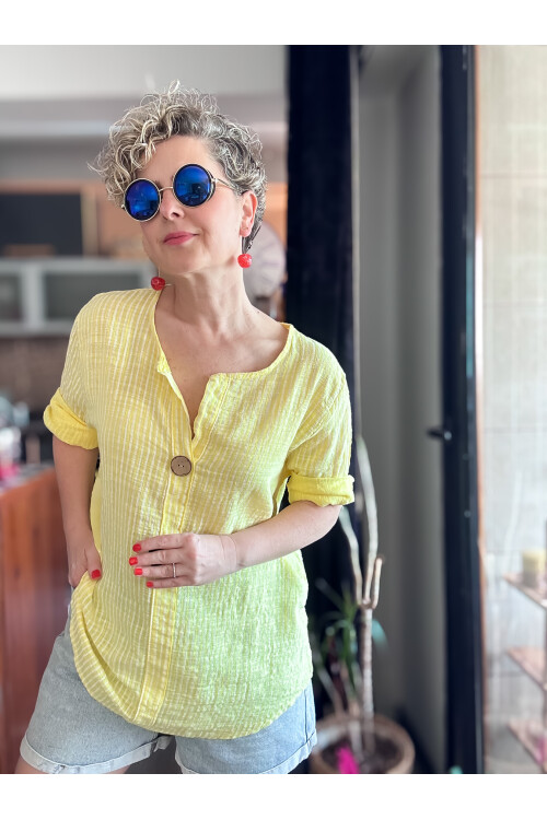 Rimmi İtalyan Çizgili Düğme Detay Bluz Sarı