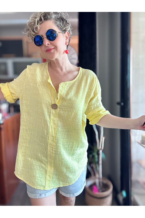 Rimmi İtalyan Çizgili Düğme Detay Bluz Sarı