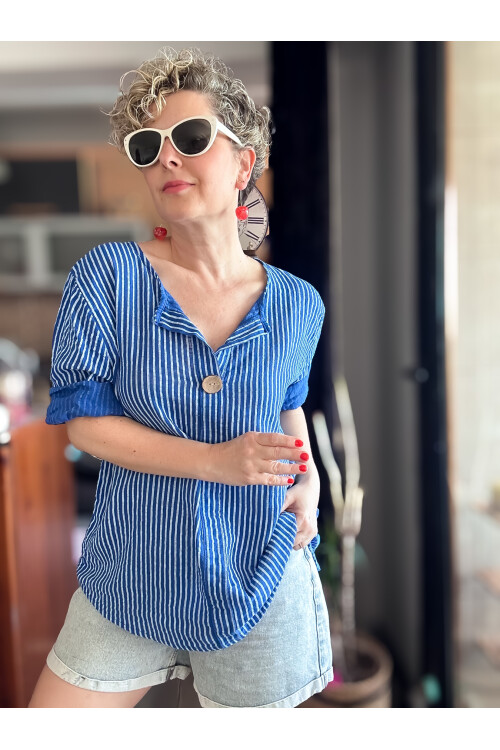 Rimmi İtalyan Çizgili Düğme Detay Bluz Sax