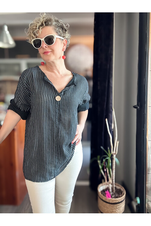 Rimmi İtalyan Çizgili Düğme Detay Bluz Siyah