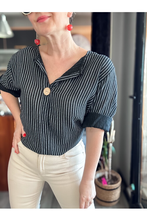Rimmi İtalyan Çizgili Düğme Detay Bluz Siyah