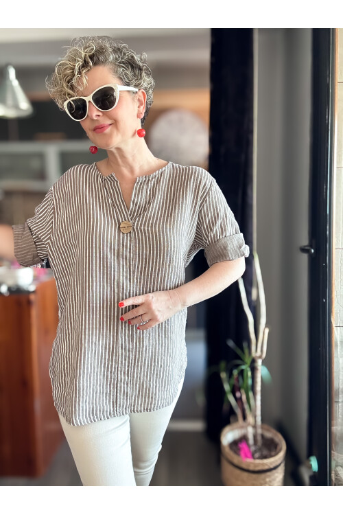 Rimmi İtalyan Çizgili Düğme Detay Bluz Vizon