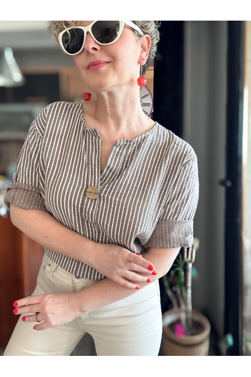 Rimmi İtalyan Çizgili Düğme Detay Bluz Vizon