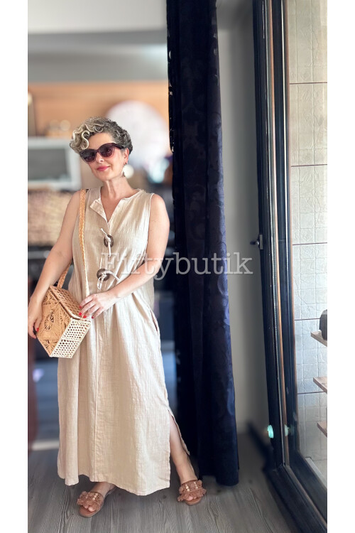 Ronni Tasarım Düğme Detay Kolsuz Elbise Beige