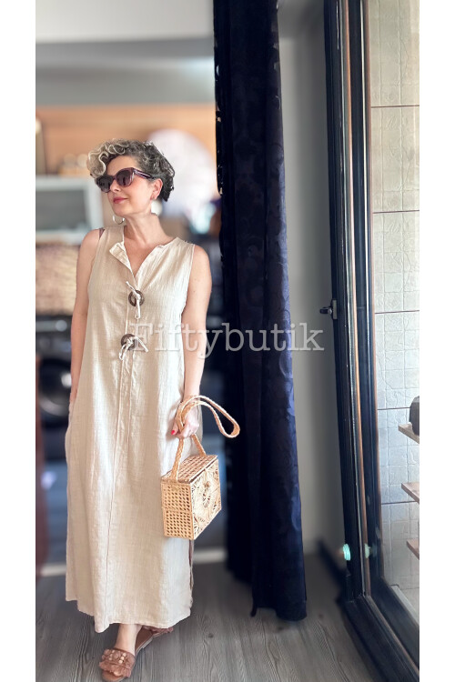 Ronni Tasarım Düğme Detay Kolsuz Elbise Beige