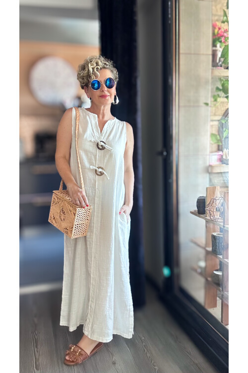 Ronni Tasarım Düğme Detay Kolsuz Elbise Beyaz