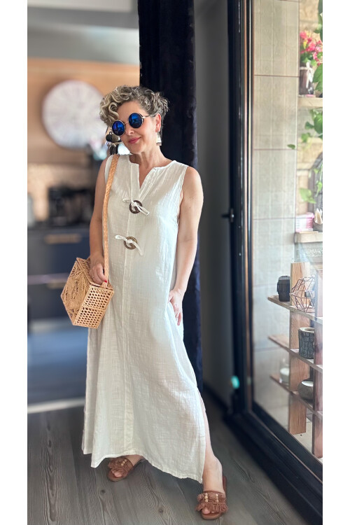 Ronni Tasarım Düğme Detay Kolsuz Elbise Beyaz