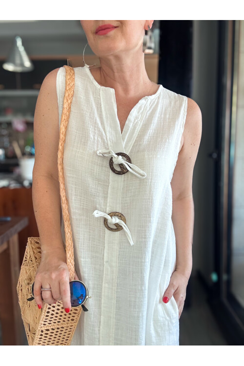 Ronni Tasarım Düğme Detay Kolsuz Elbise Beyaz