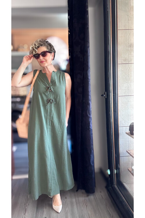 Ronni Tasarım Düğme Detay Kolsuz Elbise Haki