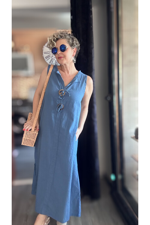 Ronni Tasarım Düğme Detay Kolsuz Elbise İndigo Mavi