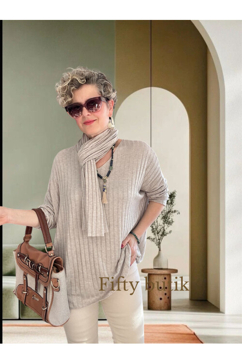 Rossi İtalyan Fularlı Tasarım Triko Bluz Beige