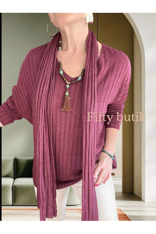 Rossi İtalyan Fularlı Tasarım Triko Bluz Bordo