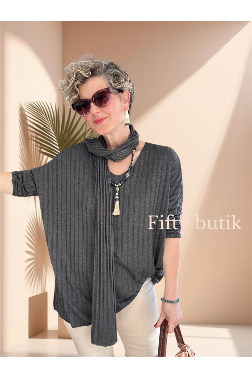 Rossi İtalyan Fularlı Tasarım Triko Bluz Dark Grey