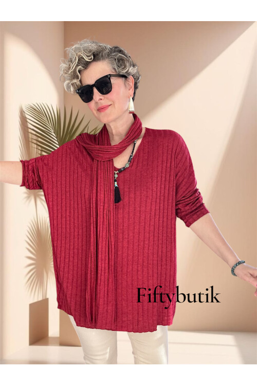 Rossi İtalyan Fularlı Tasarım Triko Bluz İndian Red