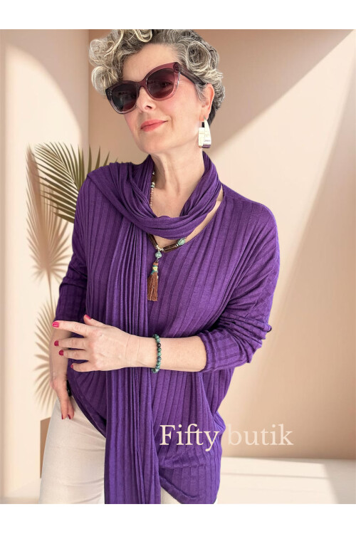 Rossi İtalyan Fularlı Tasarım Triko Bluz Purple