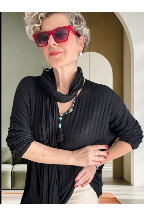 Rossi İtalyan Fularlı Tasarım Triko Bluz Siyah