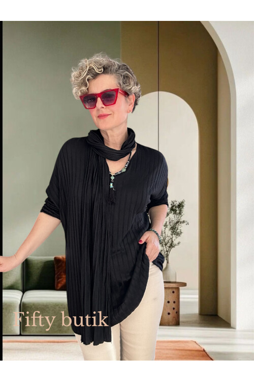 Rossi İtalyan Fularlı Tasarım Triko Bluz Siyah