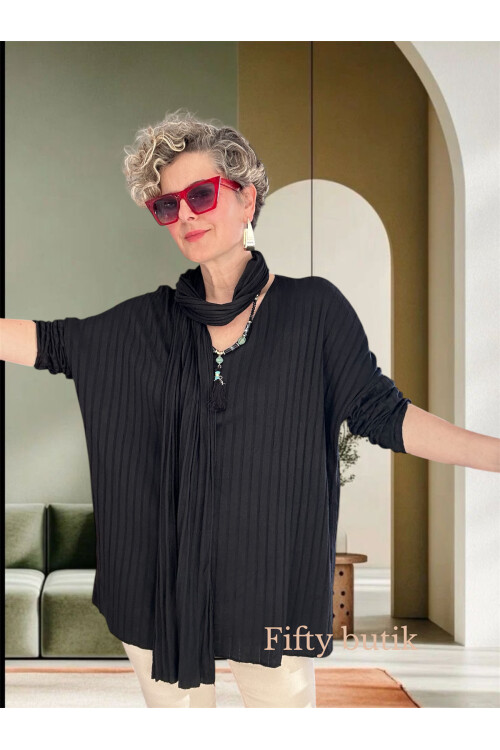 Rossi İtalyan Fularlı Tasarım Triko Bluz Siyah