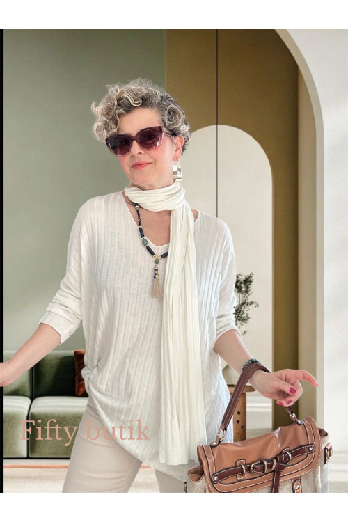 Rossi İtalyan Fularlı Tasarım Triko Bluz White