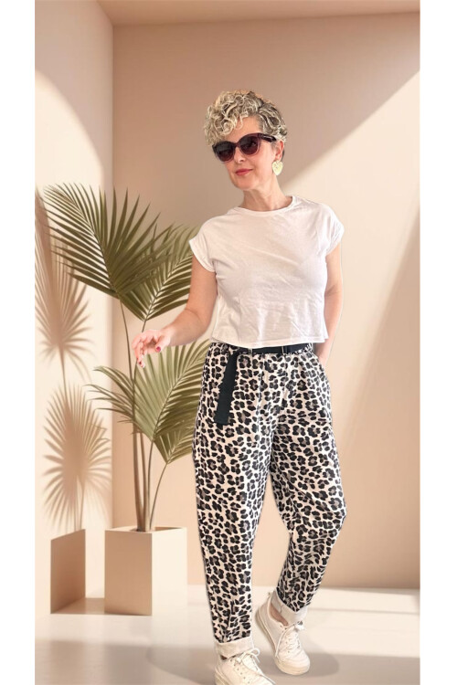 Senly İtalyan Leopar Kemerli Pantolon Bej