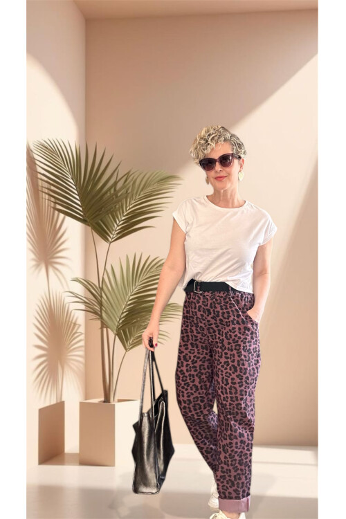 Senly İtalyan Leopar Kemerli Pantolon Bordo