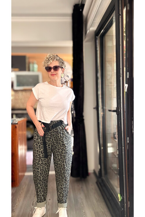 Senly İtalyan Leopar Kemerli Pantolon Haki