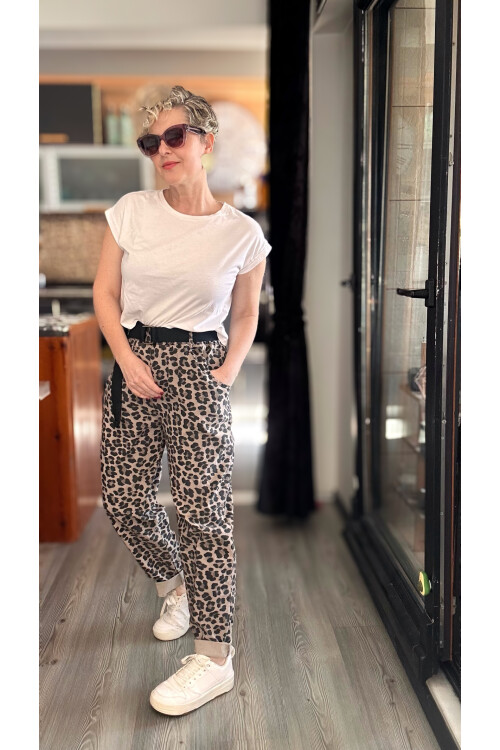 Senly İtalyan Leopar Kemerli Pantolon Vizon