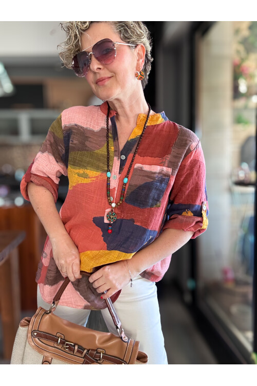 Senso Patchwork Desen İtalyan Gömlek Gül Kurusu