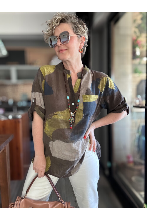Senso Patchwork Desen İtalyan Gömlek Kahve
